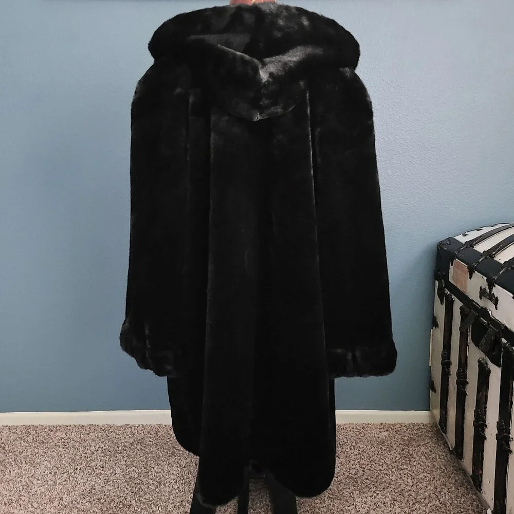 ALPINE STUDIO ~ Black Faux Mink Coat with Hood ~ XL ~ 38” L - Picture 10 of 16